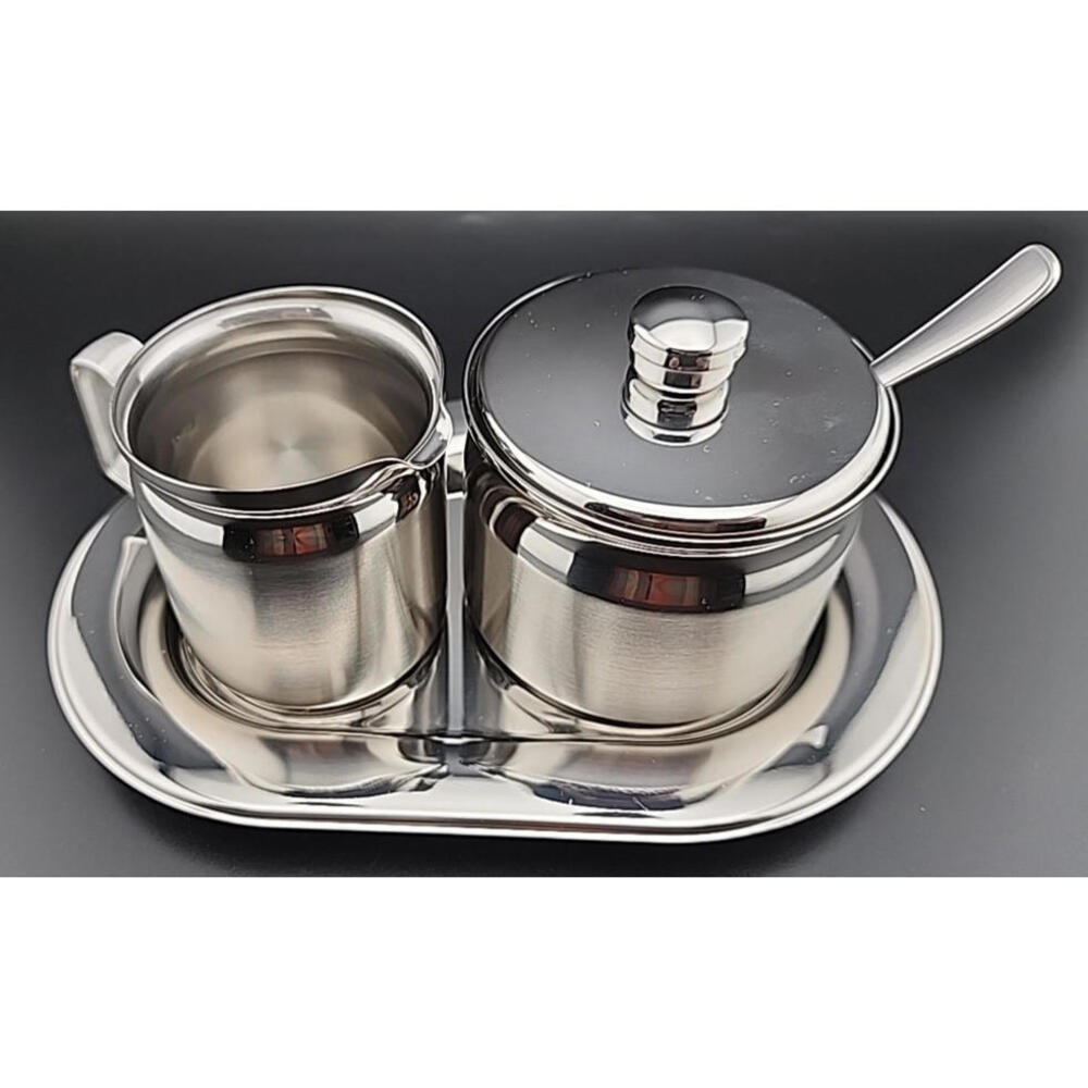 Tramontina Stainless Steel 18/10 Creamer Sugar Bowl Spoon & Tray Service Set